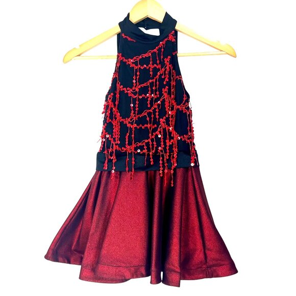 Revolution Dance Costume Fiesta 19710 Childs M Halter Dress Red Fringe Black - Picture 2 of 8